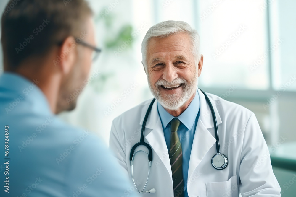 Elderly male doctor with a joyful smile meeting his patient at the clinic Elderly male doctor with a joyful smile meeting his patient at the clinic