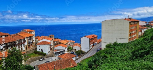 High angle shot of rural houses and greenery against a blue sea photo