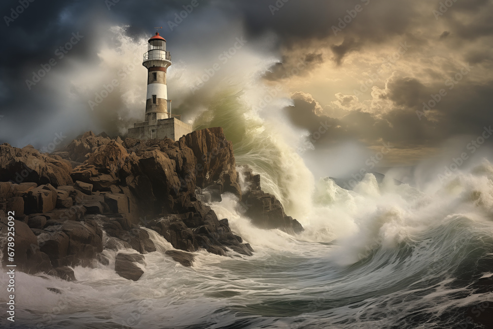Coastal scene, waves crashing against rugged cliffs, lighthouse stands tall against the backdrop of a dramatic, stormy sky, conveying the power and beauty of the sea