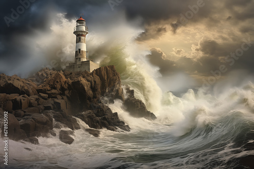 Coastal scene, waves crashing against rugged cliffs, lighthouse stands tall against the backdrop of a dramatic, stormy sky, conveying the power and beauty of the sea