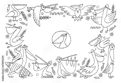 Pelicans family. Funny characters. Horizontal frame with place for your text....