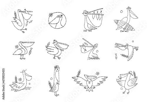 Funny pelican characters. Icons set isolated on white for your design. Colour...