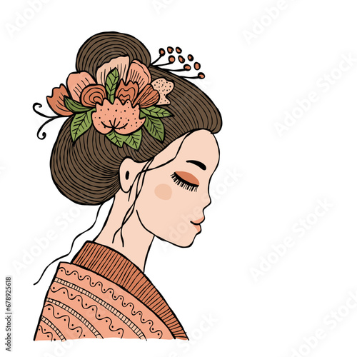 Portrait of Japanese woman with floral hairstyle. Geisha, maiko, princess. Pr...