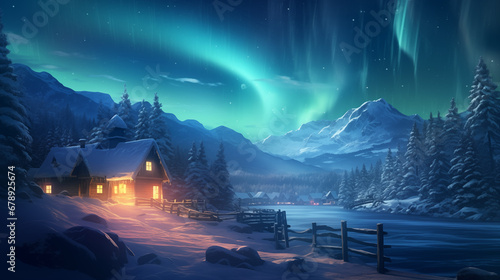 Magical winter wonderland with snow-covered pine trees, a charming village, and the soft glow of northern lights dancing in the sky photo