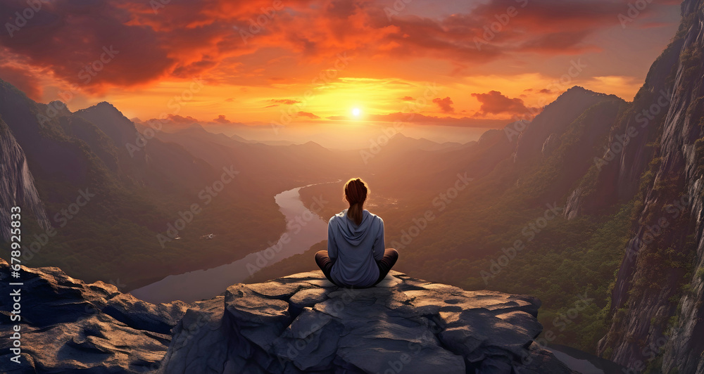 yoga meditation on a cliff edge with sunset. AI generated.