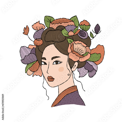 Portrait of Japanese woman with floral hairstyle. Geisha, maiko, princess. Pr...
