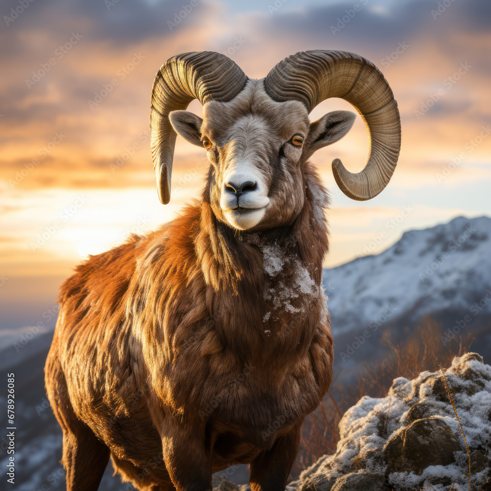Obraz premium A noble bighorn sheep ascends a craggy slope 