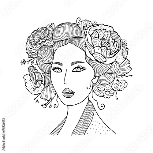 Portrait of Japanese woman with floral hairstyle. Geisha, maiko, princess. Pr...