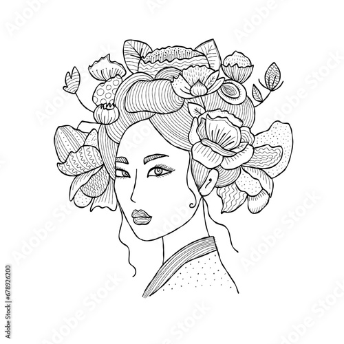 Portrait of Japanese woman with floral hairstyle. Geisha, maiko, princess. Pr...