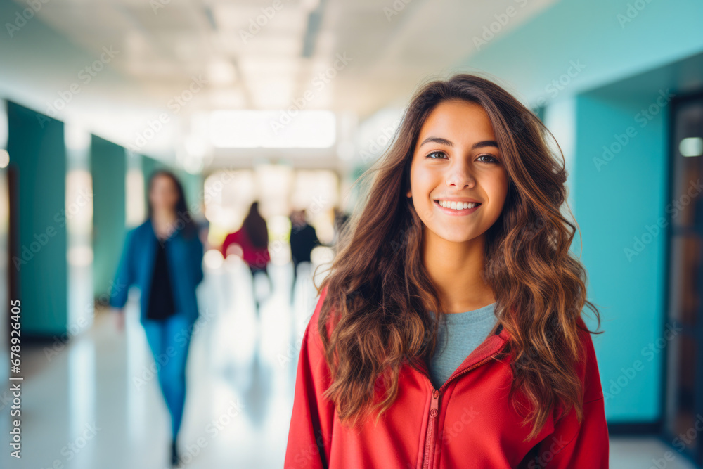 Fototapeta premium Confident Hispanic female high school student standing in the hallway starting a day with an open mind about learning something new