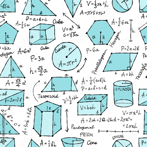 Mathematics and geometry, figures and formulas. Seamless pattern background. For school, university and training. Symbols, cheat sheet, mathematics. Hand drawn sketch for your design