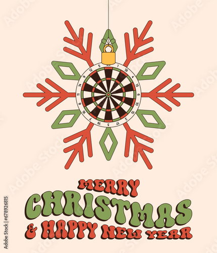 dart Merry Christmas and Happy New Year groovy Sports greeting card. Hanging ball as a groovy Christmas ball on vibrant background. Vector illustration.