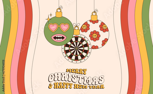 dart Merry Christmas and Happy New Year groovy Sports greeting card. Hanging ball as a groovy Christmas ball on vibrant background. Vector illustration.
