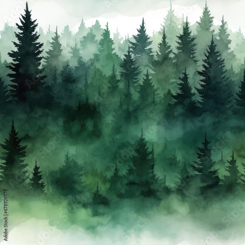 Mystical Pine Forest: A Watercolor Abstract of Dark Green Mist and Serene Beauty