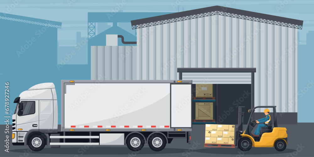 Warehouse with industrial metal racks and shelves for pallet support. Forklift loading boxes to a refrigerator truck. Cargo and shipping logistics. Industrial storage and distribution of products Warehouse with industrial metal racks and shelves for pallet support. Forklift loading boxes to a refrigerator truck. Cargo and shipping logistics. Industrial storage and distribution of products