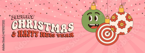 target Merry Christmas and Happy New Year groovy Sports greeting card. Hanging ball as a groovy Christmas ball on vibrant background. Vector illustration.