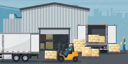 Warehouse with industrial metal racks and shelves for pallet support. Forklift loading boxes to a refrigerator truck. Cargo and shipping logistics. Industrial storage and distribution of products