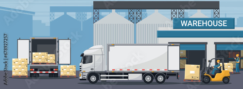 Exterior of industrial warehouse. Worker doing inventory of merchandise. Forklift loading boxes to a refrigerator truck. Cargo and shipping logistics. Industrial storage and distribution of products