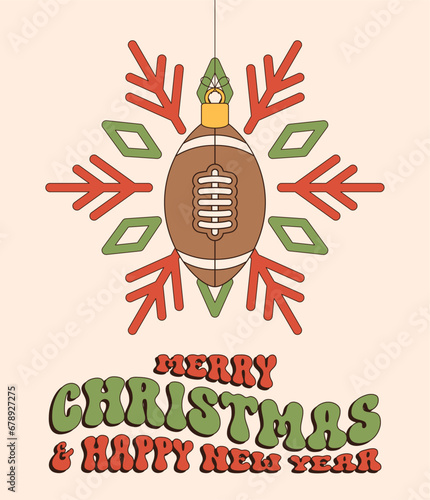 rugby Merry Christmas and Happy New Year groovy Sports greeting card. Hanging ball as a groovy Christmas ball on vibrant background. Vector illustration.