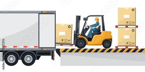 Forklift loading  merchandise to a container truck at the loading and unloading dock. Forklift driving safety. Cargo and shipping logistics. Industrial storage and distribution of products