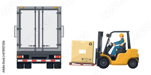 Worker driving a forklift loading merchandise into a refrigerated truck. Fork lift truck driving safety. Security First. Cargo and shipping logistics. Industrial storage and distribution of products