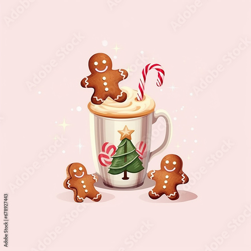Three gingerbread men standing on or around christmas cup or mug filled with hot beverage like hot chocolate, tea, coffee or pumpkin spiced latte