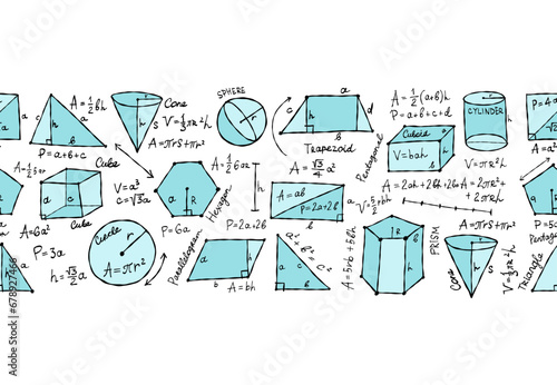 Mathematics and geometry, figures and formulas. Seamless pattern background. For school, university and training. Symbols, cheat sheet, mathematics. Hand drawn sketch for your design