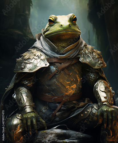 king frog warrior sitting on a rock in illustration