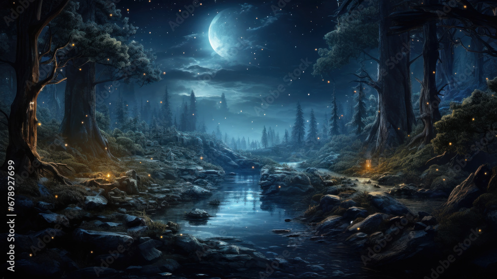 Fairy tale forest with magical lights at Christmas night, landscape with water, trees and moon. Scenery of fairytale woods. Theme of New Year holiday, wonderland, nature, wonder