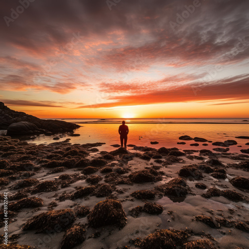 A lone figure on a rocky beach watching the sunset 