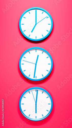 Three analog clocks hanging on a pink wall, time distribution and delivery limits theme