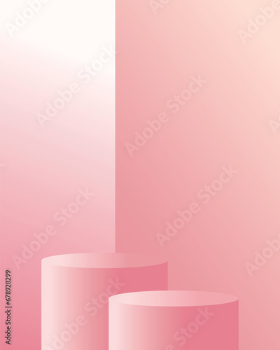 3d pink podium in pink studio room. Realistic vector 3d cylinder podium pedestal with vertical shape background, eps 10.