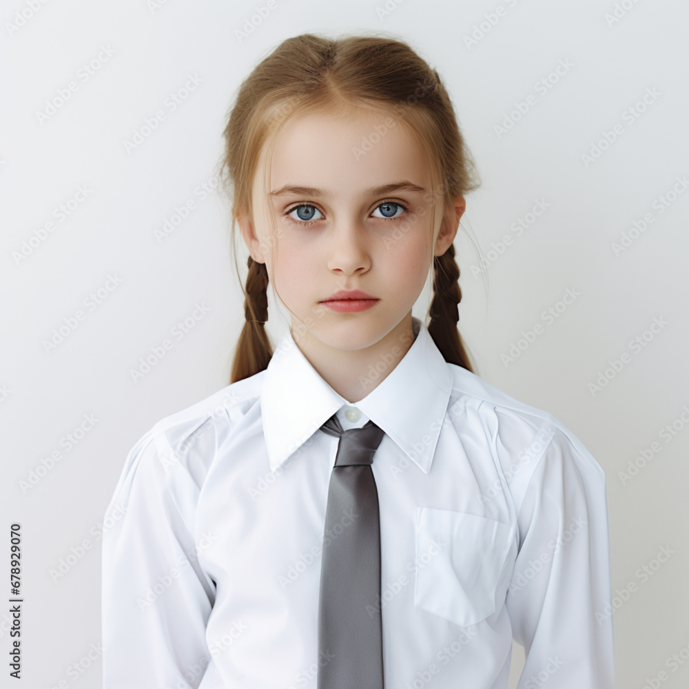 Girl in school uniform on white background, AI Generative.