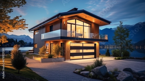 modern cozy house by the river with garage for sale or rent with beautiful mountains. generative ai photo