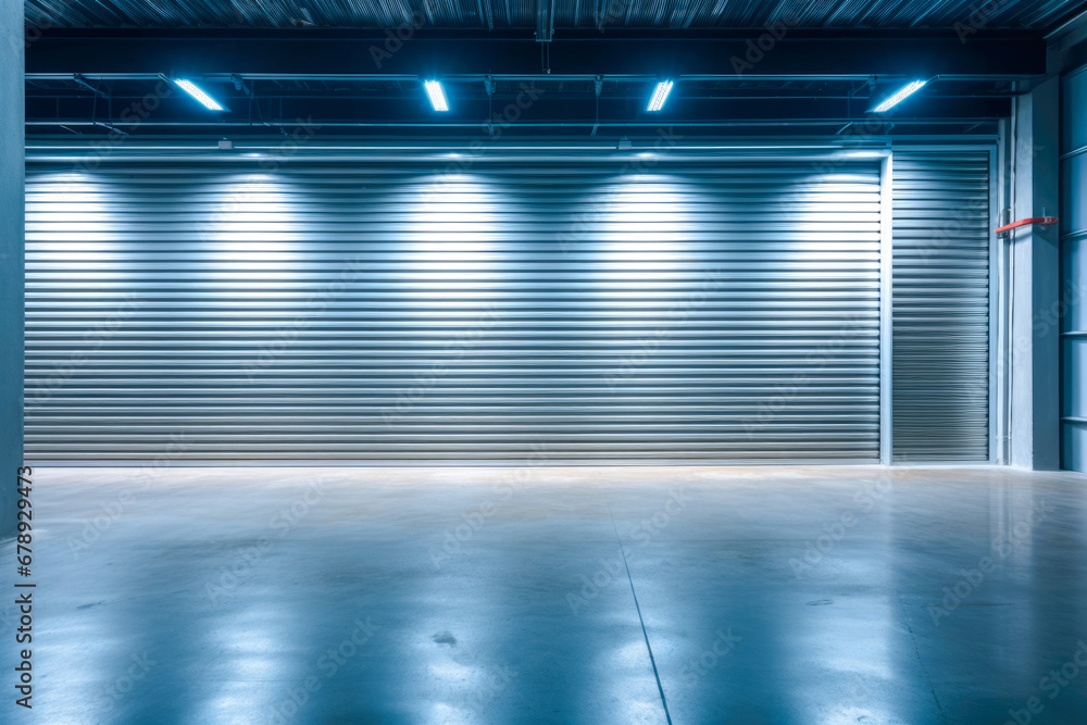 Factory, warehouse or hangar use roller doors or roller shutters advertising a modern solution in logistics