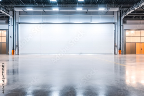 Factory, warehouse or hangar use roller doors or roller shutters advertising a modern solution in logistics