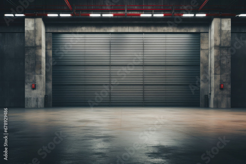 Factory, warehouse or hangar use roller doors or roller shutters advertising a modern solution in logistics photo