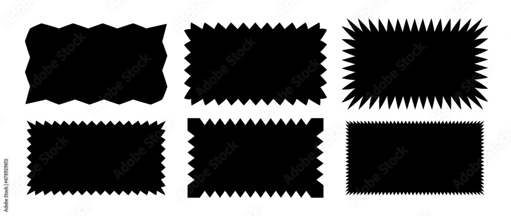 Zig zag edge rectangle shape collection. Jagged rectangular elements set. Black graphic design elements pack for decoration, banner, poster, template, sticker, badge, label, tag. Vector bundle - obrazy, fototapety, plakaty 