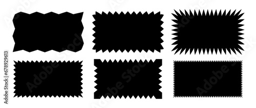 Zig zag edge rectangle shape collection. Jagged rectangular elements set. Black graphic design elements pack for decoration, banner, poster, template, sticker, badge, label, tag. Vector bundle