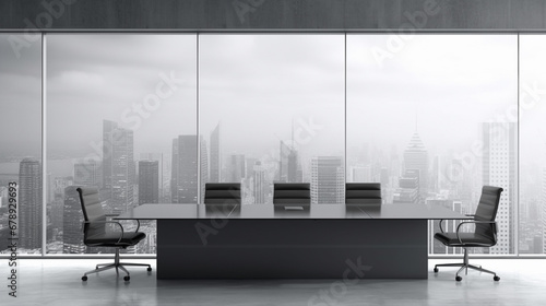 Luxury meeting room with panoramic city view and blank gray wall. Generative Ai