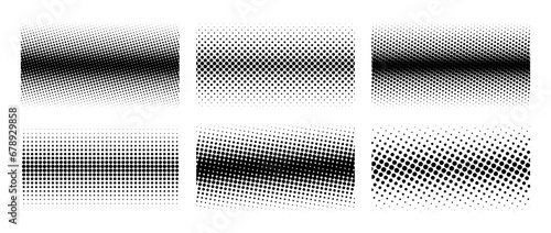 Different halftone gradient backgrounds set. Cartoon dots texture wallpaper collection. Black and white comic design cover pack for banner, poster, print. Pop art dotted vector illustration bundle