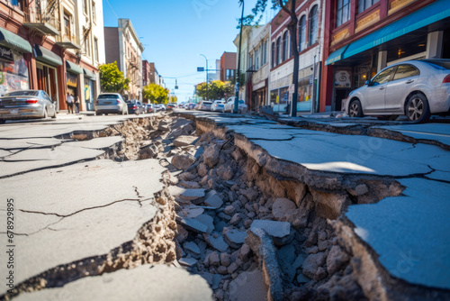 City downtown street cracked and damaged after a significantly strong earthquake nearby