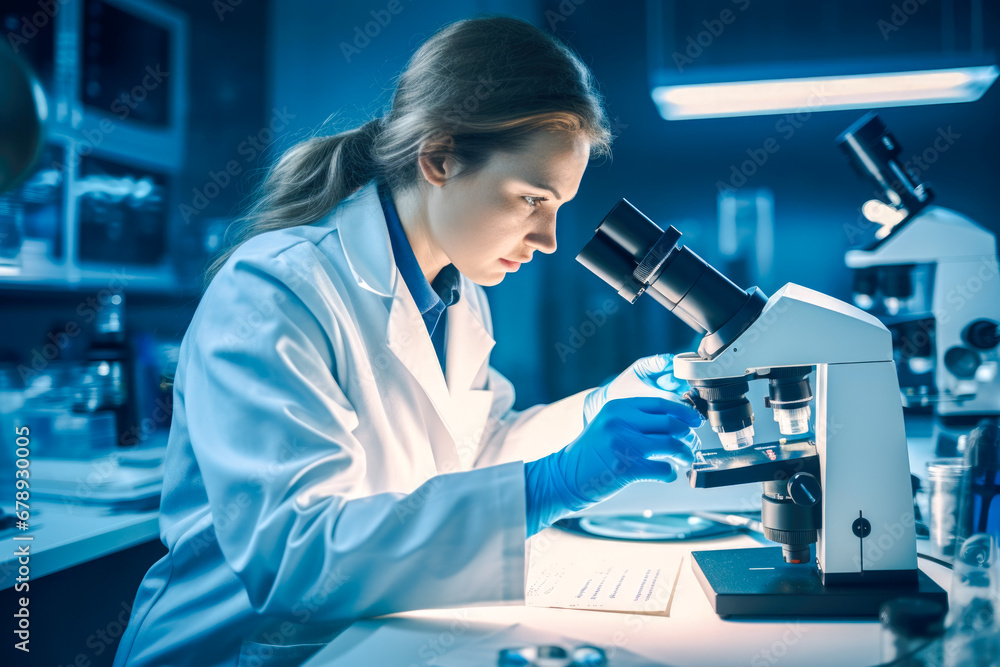 Expert female microbiologist scrutinizes medical sample using modern microscope in a tech-driven laboratory Expert female microbiologist scrutinizes medical sample using modern microscope in a tech-driven laboratory