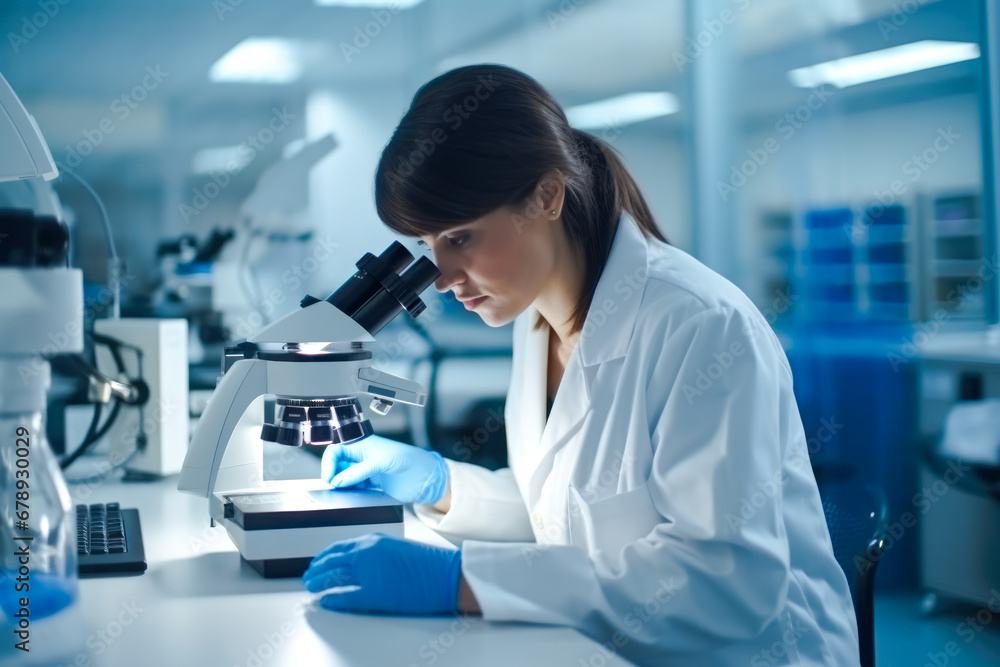Expert female microbiologist scrutinizes medical sample using modern microscope in a tech-driven laboratory Expert female microbiologist scrutinizes medical sample using modern microscope in a tech-driven laboratory