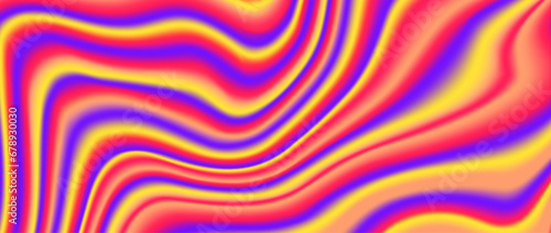 Psychedelic iridescent background. Bright neon holographic wallpaper. Purple red orange yellow wavy fluid gradient texture. Abstract acid trippy backdrop for banner, poster, brochure, overlay. Vector 