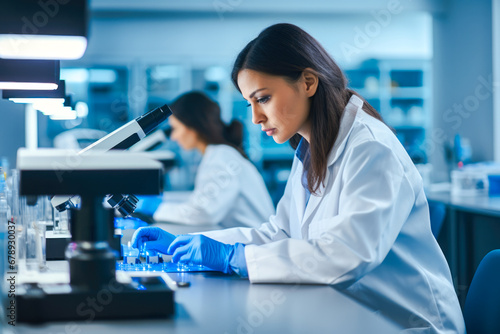 Expert female microbiologist scrutinizes medical sample using modern microscope in a tech-driven laboratory