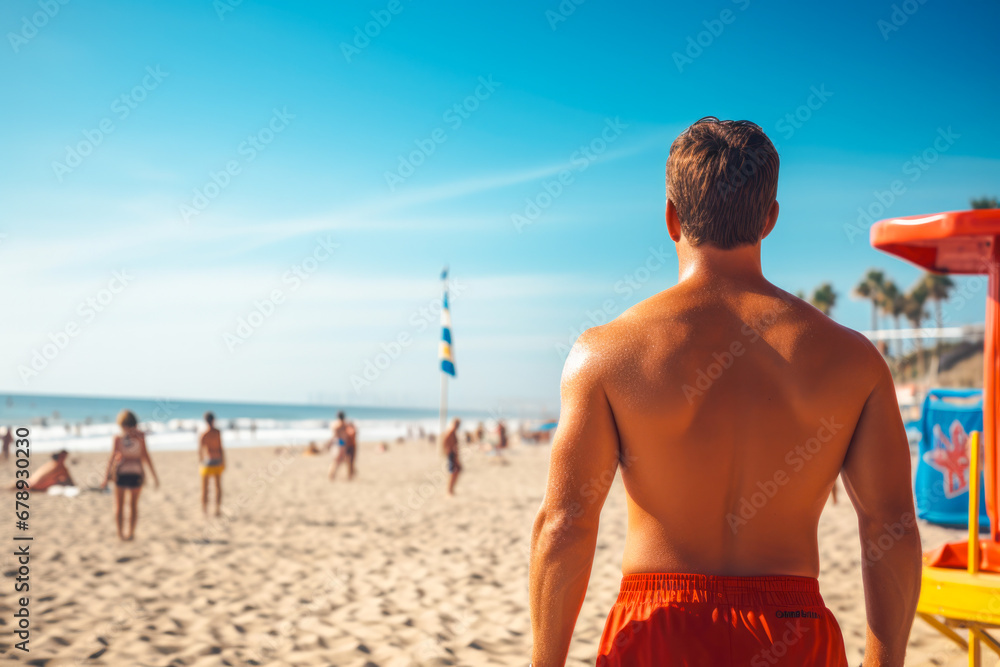 Rear view of a male lifeguard who dutifully watches over swimmers ready to take immediate action in case of a life threatening situation in the ocean
