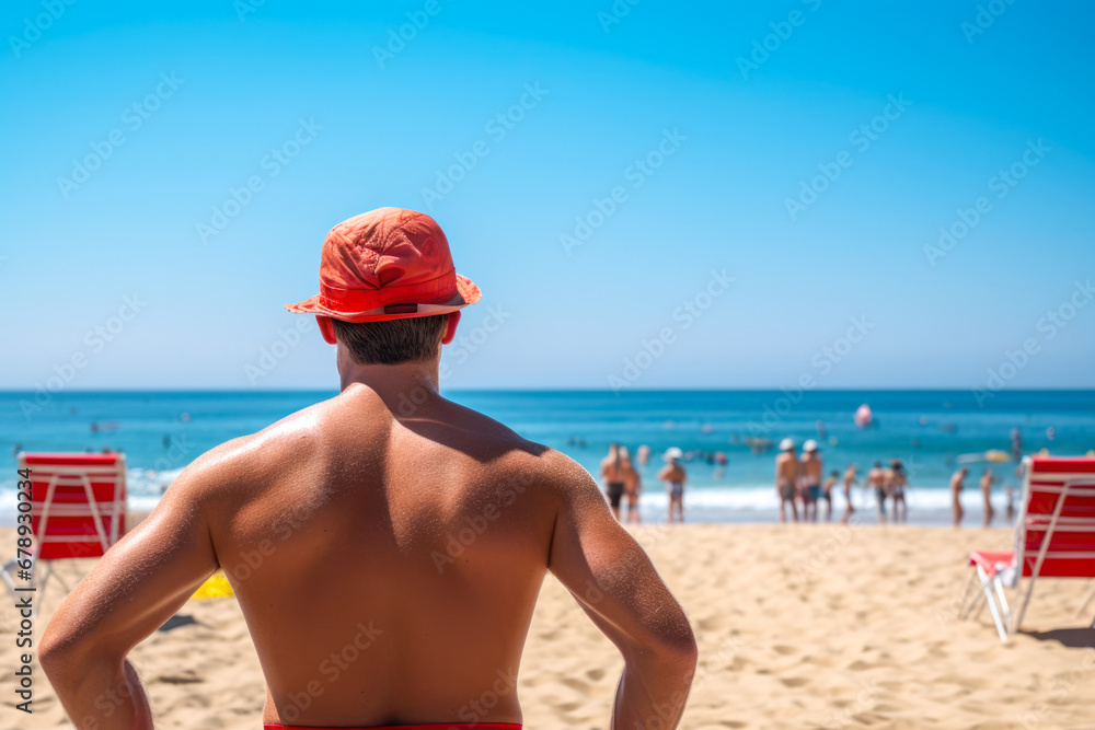 Rear view of a male lifeguard who dutifully watches over swimmers ready to take immediate action in case of a life threatening situation in the ocean