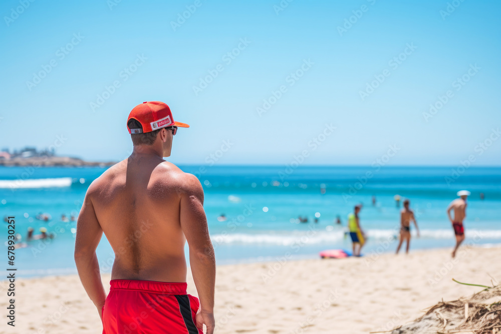 Rear view of a male lifeguard who dutifully watches over swimmers ready to take immediate action in case of a life threatening situation in the ocean Rear view of a male lifeguard who dutifully watches over swimmers ready to take immediate action in case of a life threatening situation in the ocean
