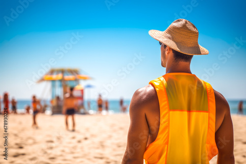 Rear view of a male lifeguard who dutifully watches over swimmers ready to take immediate action in case of a life threatening situation in the ocean photo